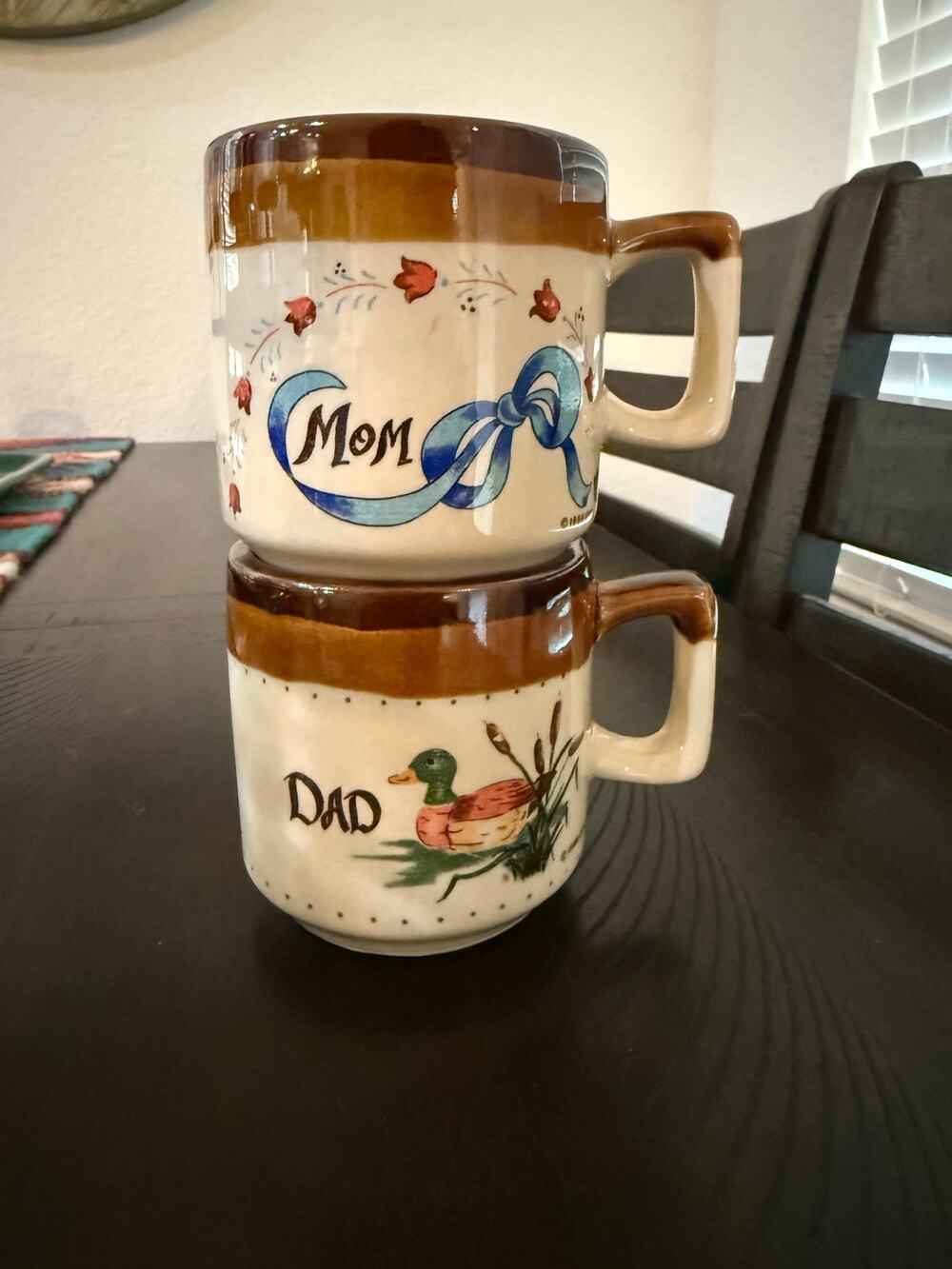 Vintage 1986 OTC Mom and Dad Stoneware Coffee Mugs Duck Bow Country Set of 2